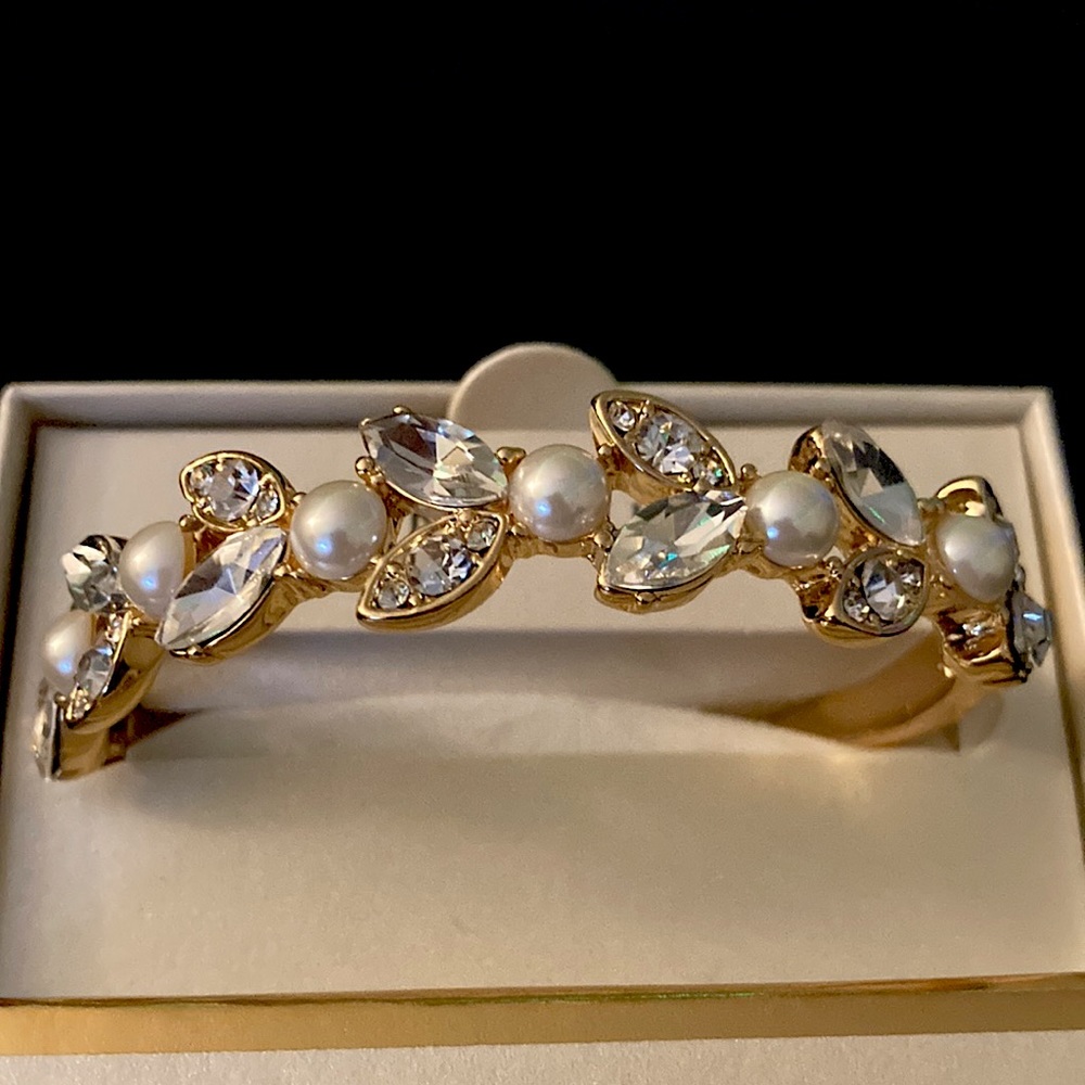 Anne Klein Gold Toned Crystal and imitation Pearl Bangle Bracelet (Brand New)